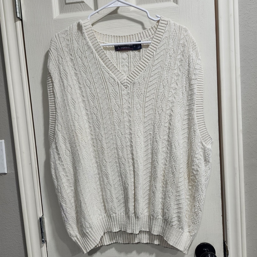 Roundtree & Yorke Sweater Vest XL Cream Cable Knit Textured V Neck Pullover - Picture 3 of 10